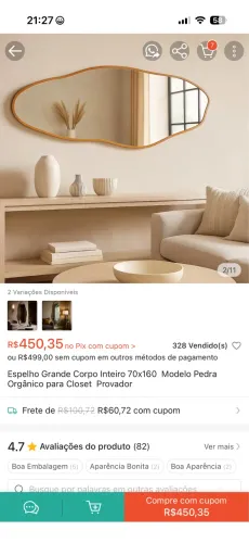 Espelho orgânico grande 170x 60cm
