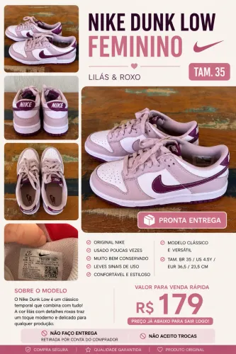 Nike Dunk Low Feminino Lilás/Roxo Tam. 35 Original