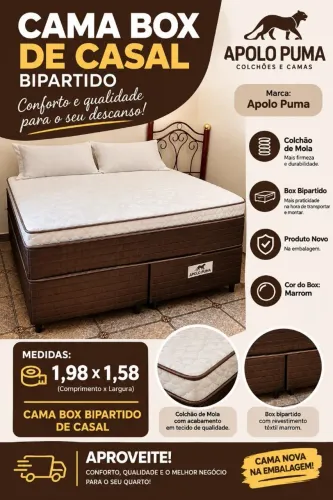 Cama box de casal bipartido. Marca: apolo puma, colchõe e cama. Medidas: 1.98 x 1.58. 