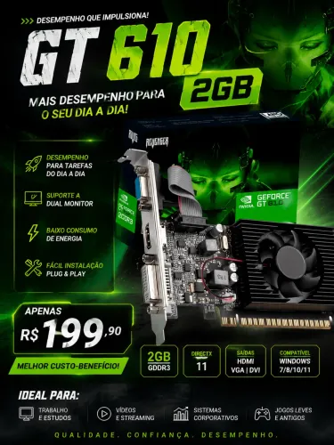 PLACA DE VÍDEO GT 610 2GB DDR3 NVIDIA GEFORCE - ÓTIMO CUSTO-BENEFÍCIO!