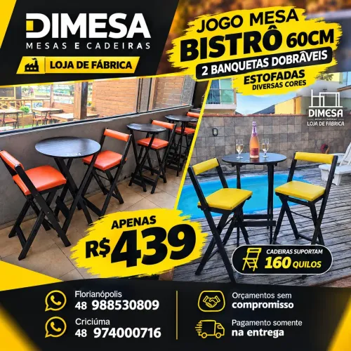 Mesa bistrô 60cm com 2 banquetas dobráveis estofadas