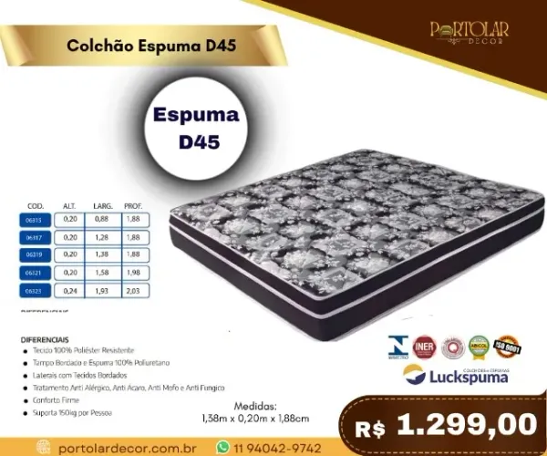 Colchão espuma D45, a pronta entrega 