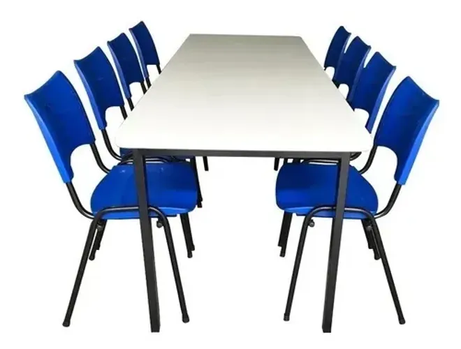 Mesa de refeitório tampo de fórmica branca com 8 cadeiras polipropileno