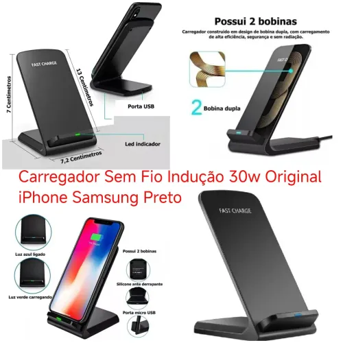 Carregador Sem Fio Indução 30W iPhone Samsung Preto