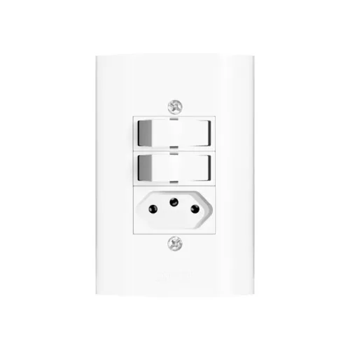 Noobi Informática | Interruptor Duplo com Tomada Romazi Dunas 2P+T Simples 10A 4x2