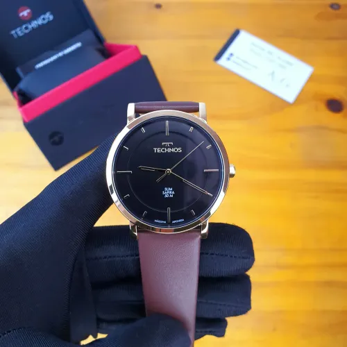 Relógio Technos Slim 42mm couro marrom