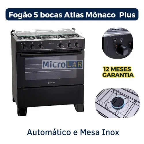 Fogão 5 bocas Atlas Mônaco Automático Mesa Inox - 12 Meses de Garantia