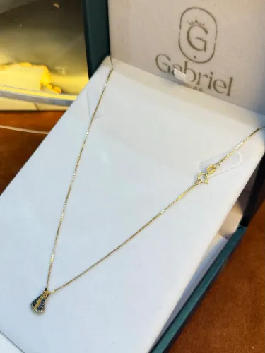 Cordão de ouro feminino + pingente nossa senhora em safira azul