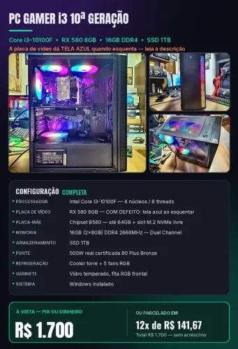 CPU Gamer i3-10100F RX 580 8GB 16GB SSD 1TB - Placa de vídeo com defeito