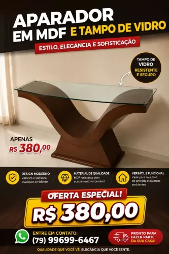 Aparador em MDF com tampo de vidro