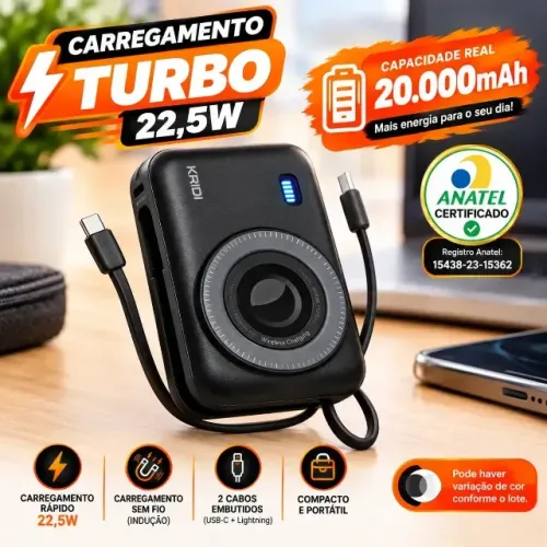 Power Bank Kaidi 20.000mAh Turbo 22,5W + Carregamento por Indução ? Tipo-C e Lightning