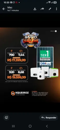 ENERGIA SOLAR - CRÉDITO EM EQUIPAMENTO NO VALOR 20 MIL POR 17 MIL REA