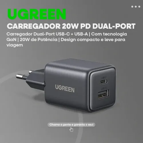 Carregador Ugreen X514 GaN DualPort 20W (USB-C + USB-A) -Entrega Grátis-