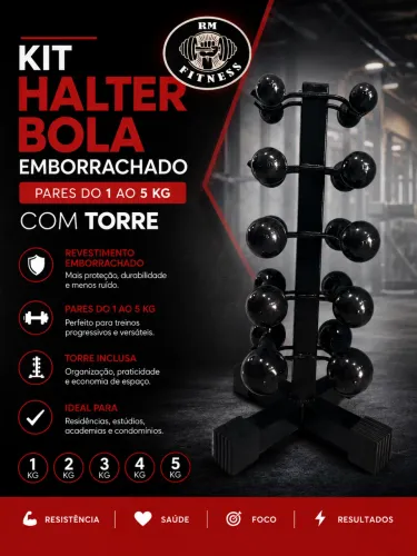 Jogo halter emborrachado pares 1 ao 5 kg com torre 