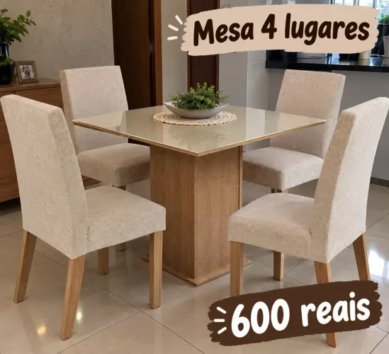 Sala de Jantar Madesa Evelin Mesa Tampo de Vidro com 4 Cadeiras - Rustic/Crema/Imperial