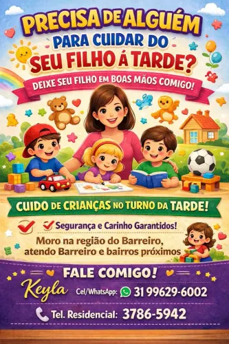 Cuido do seu filho à tarde com carinho e segurança | Região Barreiro