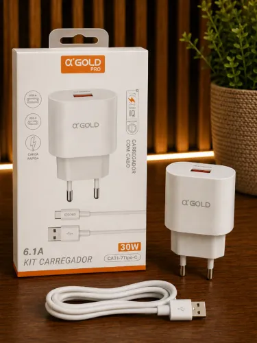 Carregador Turbo A'Gold 30W 6.1A + Cabo USB-C - Carga Rápida