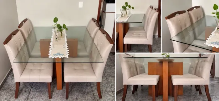 Mesa de jantar 4 lugares com 4 cadeiras - Madeira e vidro 10 mm - Impecável