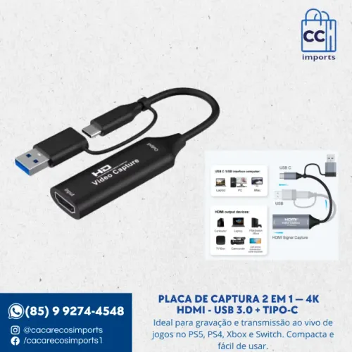 Placa de captura 2 em 1 4K HDMI com USB 3.0 e Tipo-C