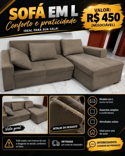 Sofá em L Marrom Usado - Grande e Confortável | R$ 450