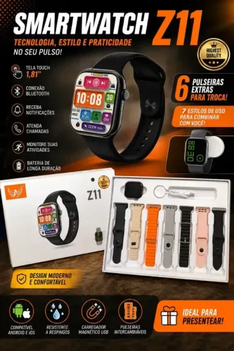 ? Smartwatch Z11 + 6 Pulseiras Extras | Tela 1,81" | Android e iPhone