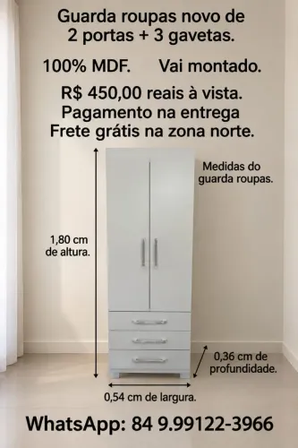 Guarda roupas de 2 portas e 3 gavetas, frete grátis em Natal.