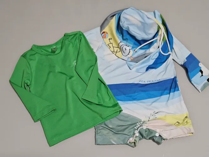 Roupas de Praia - macacão e chapéu Caiçarinhas Baby e Camisa manga longa Up Baby - UV50+