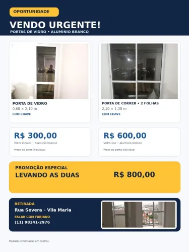 01 Porta de vidro e 01 Porta balcão, ambas alumínio branca com Vidro, batente e chave