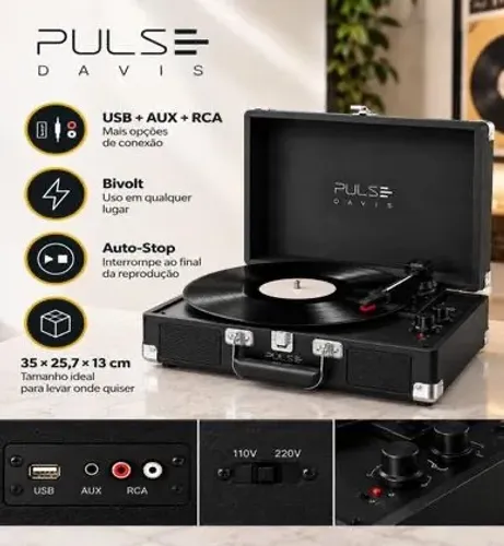 Maleta Vitrola Toca Discos Bluetooth Pulse 2 Em 1 Aux Usb Sp616 apenas 590,00