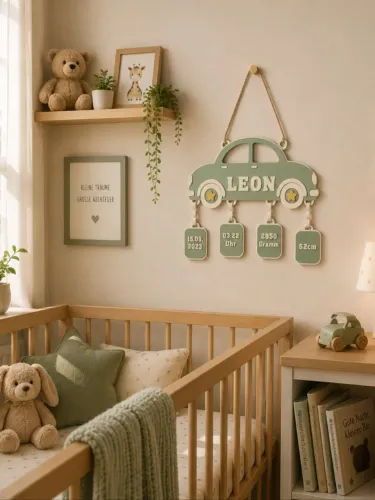 Decoração para quarto de bebê - Carro com informações de nascimento 
