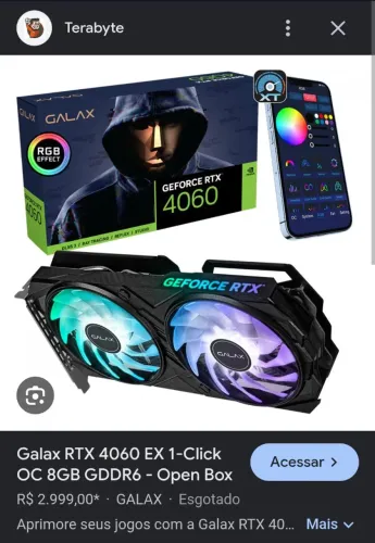 Placa de video Galax geoforce rtx 4060 ex 1-click oc, 8gb, gddr6