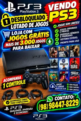 Vendo PS3 desbloqueado semi-novo Barato demais lotado de JOGOS,chama ai