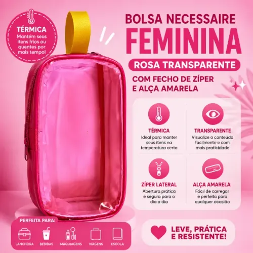 Bolsa necessaire feminina rosa transparente/prateado (térmico) c/ fecho de zíper e alça