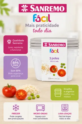 Pote Plastico Kit 3 Potes Facil Sanremo-800ml