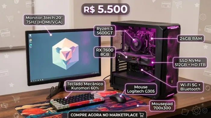 Setup gamer ryzen 5 5600gt 24gb ram 3200mhz 512gb ssd nvme + 1tb hd rx 7600 8gb vram