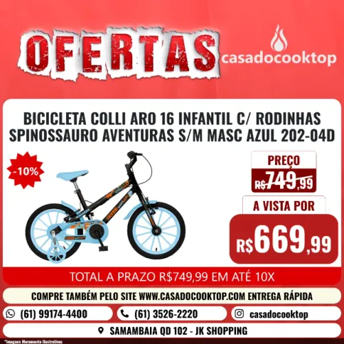 BICICLETA COLLI ARO 16 INFANTIL C/ RODINHAS SPINOSSAURO AVENTURAS S/M MASC AZUL 202-04D