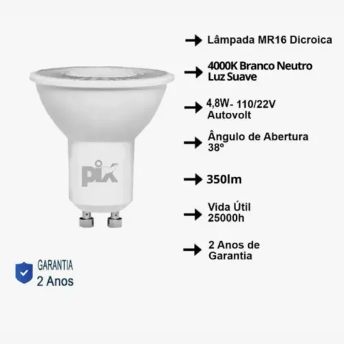 KIT 10 Lâmpadas LED Dicroica GU10 Bipino 4,8W Branco Neutro MR16 PIX
