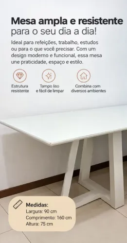 Mesa de Jantar Retangular Branca com Vidro 160x90