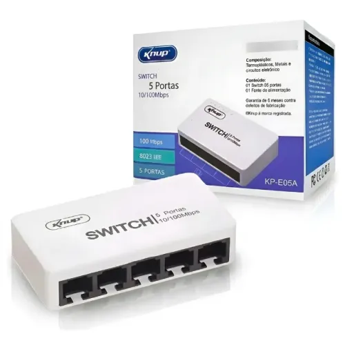 Switch de Rede Fast Ethernet 5 Portas 10/100Mbps Knup KP-E05A com Fonte Homologado Anatel