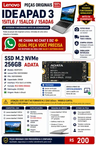 SSD M.2 2242 NVMe 256GB ADATA IM2P33F4 Original Lenovo IdeaPad Testado Formatado