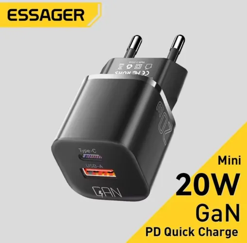 Carregador Essager Mini 20W GaN PD USB-C + USB-A Bivolt