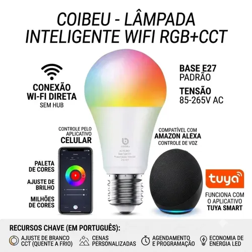 Lâmpada Inteligente Smart LED 15W Wi-Fi Coibeu RGB+CCT E27 Compatível Alexa e Tuya