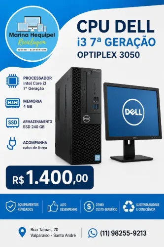 CPU Dell i3 de 7° geração com 4gb e ssd de 240 - Acompanha monitor dell de 15° polegadas