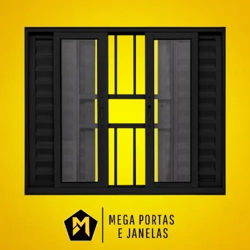 Veneziana Seis Folhas Alumínio Preto Com Grade - Linha 25 (Completa)