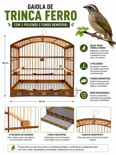 Gaiola de Trinca Ferro 44x40x24 cm com 3 Poleiros e Fundo Removível