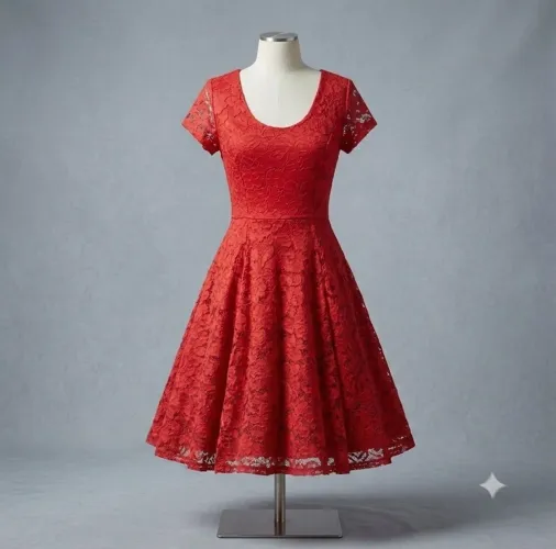 Vestido Curto em Renda Vermelha Floral