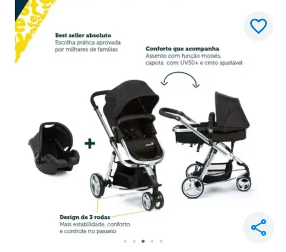 Kit carrinho de bebê moises safety com bebe conforto e base
