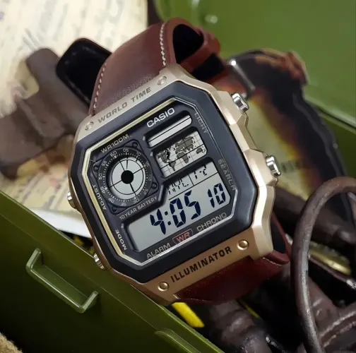 Relógio Casio Royale (AE-1200) - Dourado c/ Couro | Bateria 10 Anos