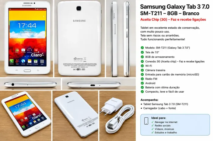 Samsung Galaxy Tab 3 7.0 SM-T211 8GB 3G - Aceita Chip + Carregador