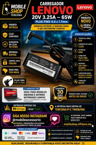 Carregador Lenovo 65W 20V 3.25A (Plug Fino 4.0 x 1.7mm)